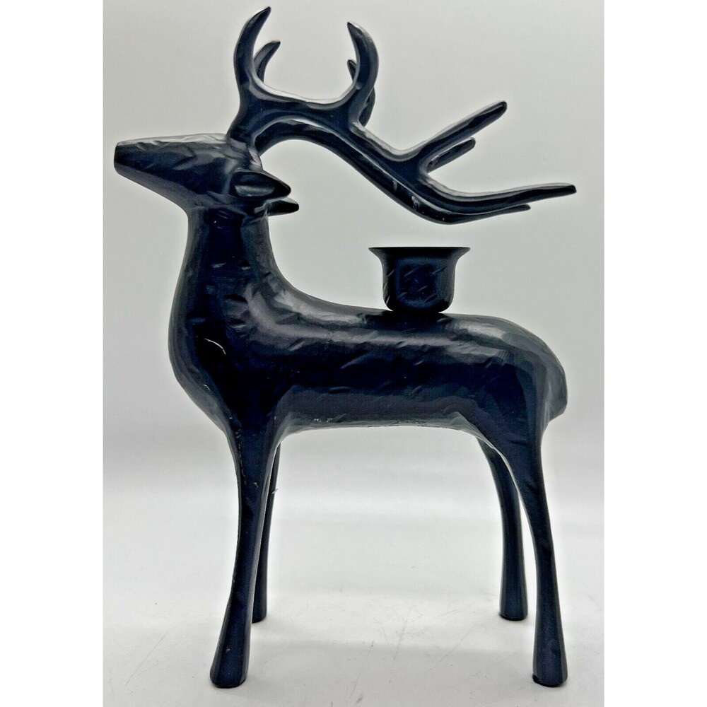 Vintage Deer Buck Heavy Metal Candlestick Tapered Holder Reindeer christmas blac